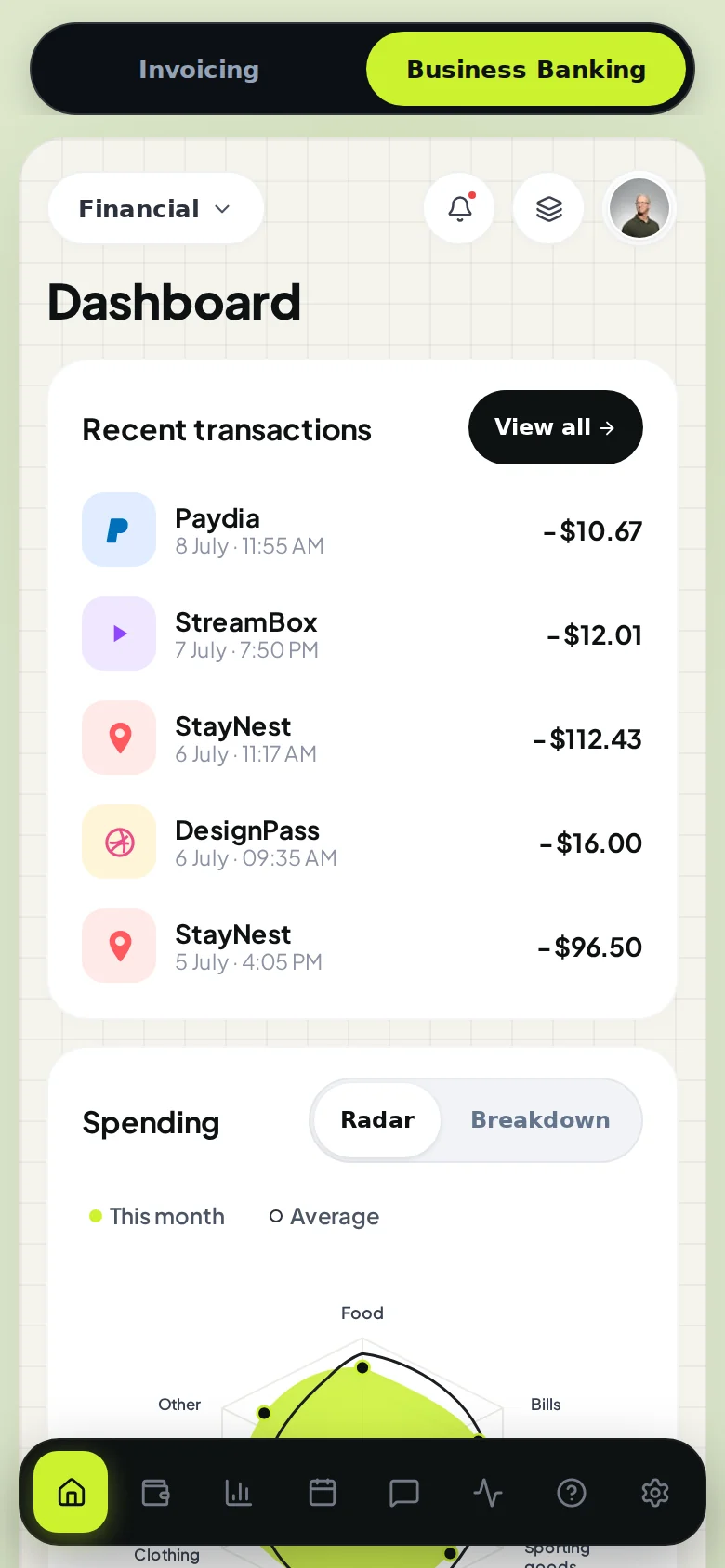 Altair: Invoicing & Banking Dashboards, mobile screen