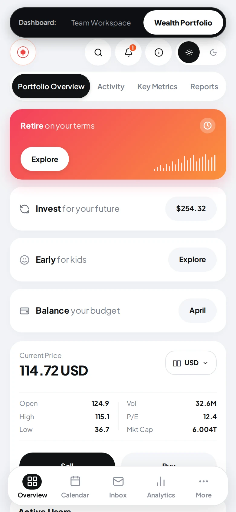 Orion: Workspace & Wealth Dashboards, mobile screen