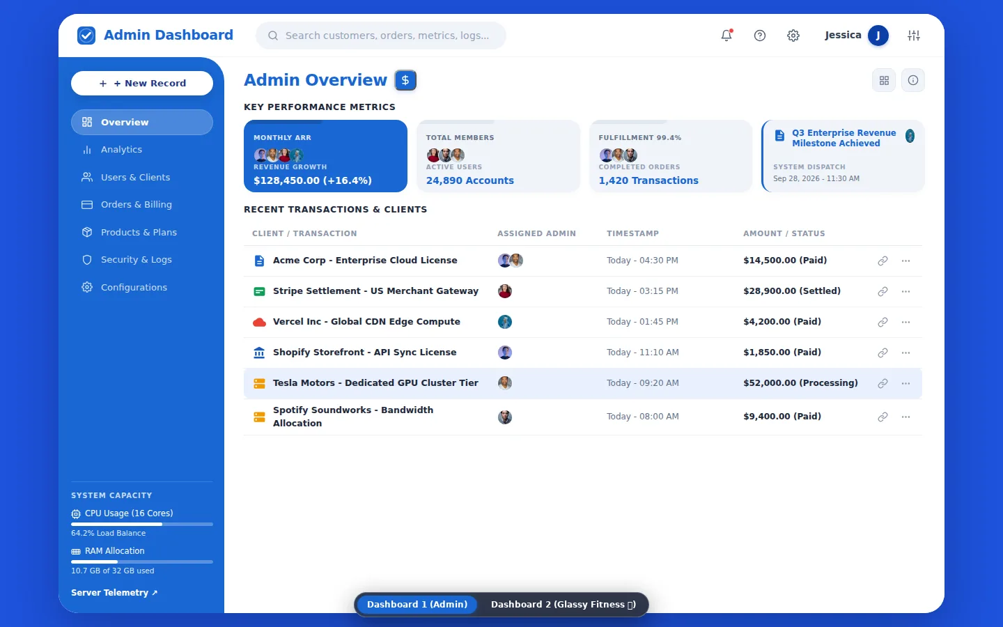 Vega: SaaS Admin & Fitness Dashboards, preview 2 of 5