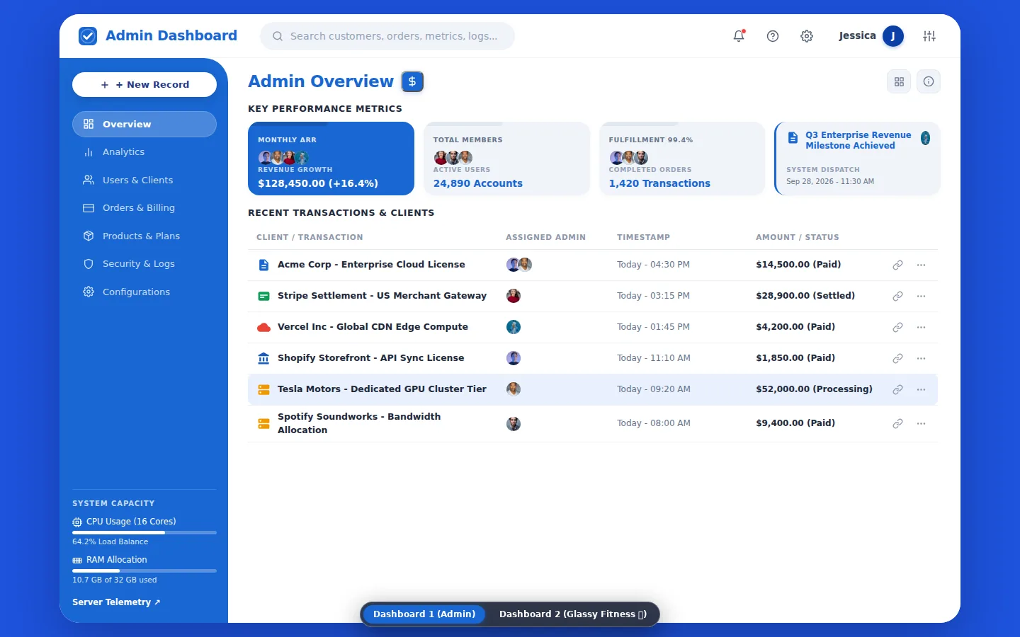 Vega: SaaS Admin & Fitness Dashboards, preview 3 of 5